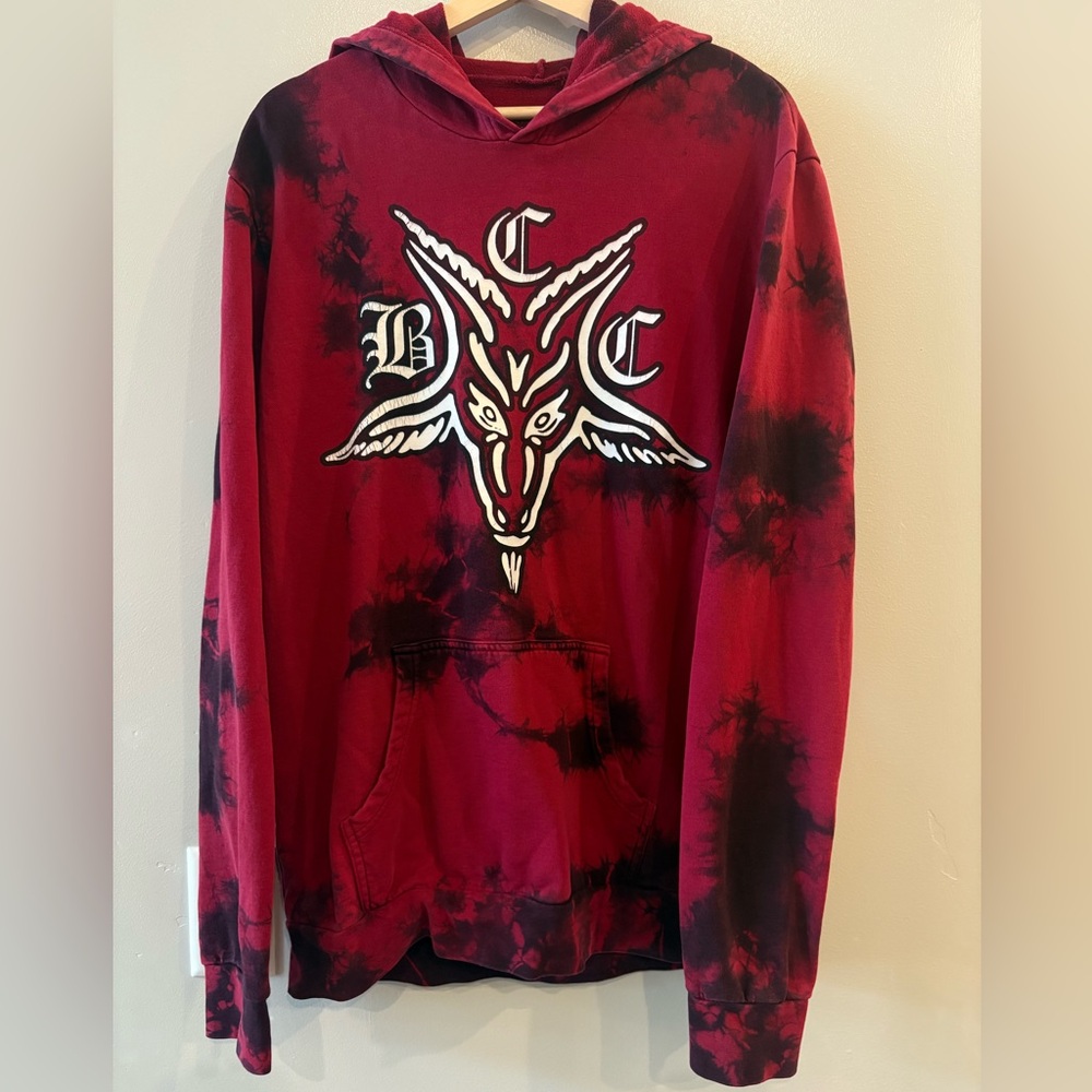 Red Tie-Dye Graphic Hoodie with Goat Emblem